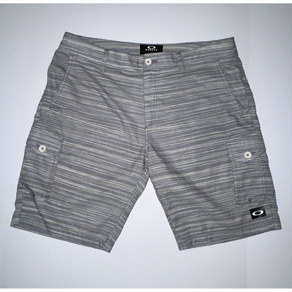 Oakley‎ Men's Gray Striped Cargo Shorts Pockets Flat Front Button Logo